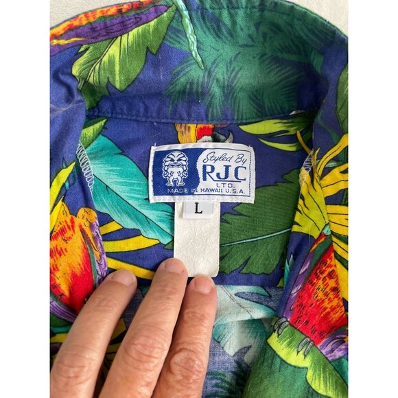 RJC, Ltd Mens Hawaiian Parrot Print Button-Up Shirt L Cotton Made In Hawaii USA - Picture 6 of 9